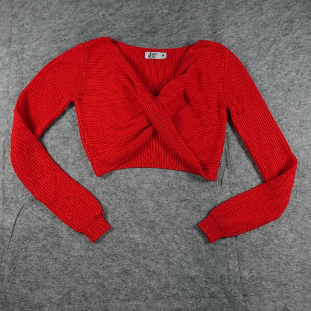 Tiger Mist Sweater Womens Small Red‎ Cropped Twist Front Chunky Knit VNeck